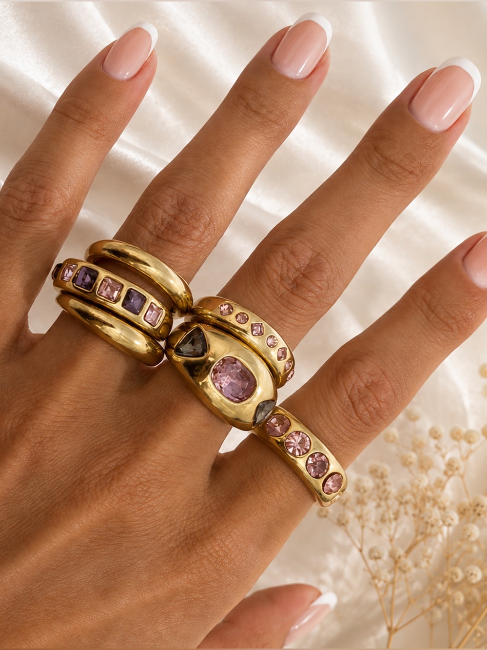 Gold Pink Gemstone Stackable Rings - Elegant Women's Jewelry